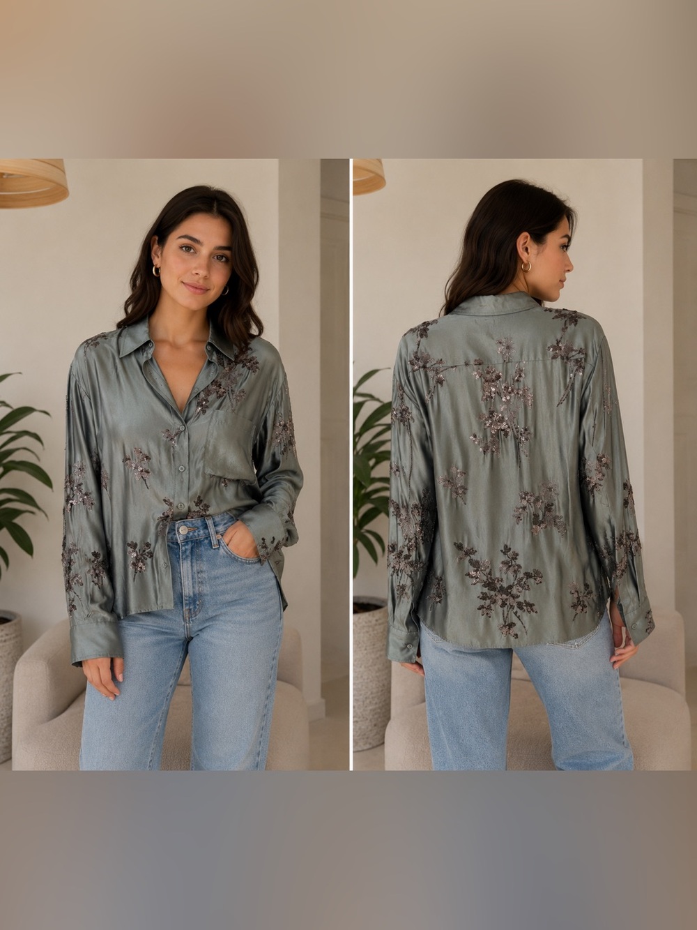 Zara Sage Green Satin Floral Button-Down Shirt